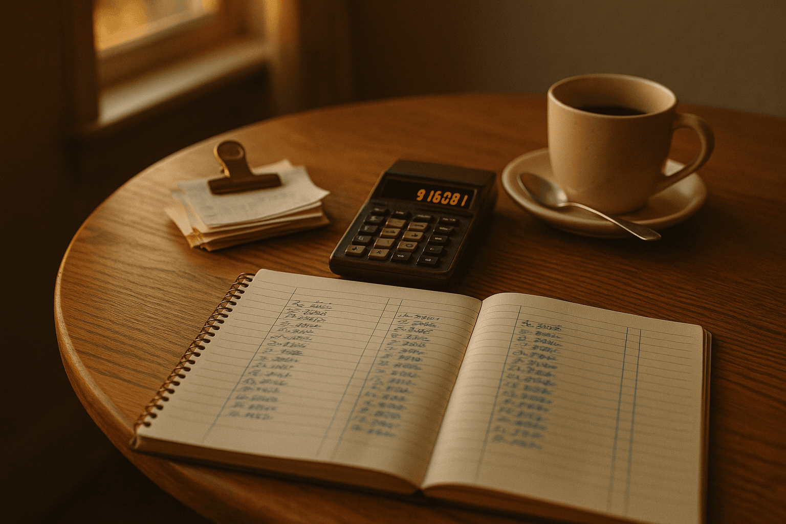Runder Eichentisch im goldenen Abendlicht mit Belegen, Kassenbuch, Taschenrechner und Kaffeetasse