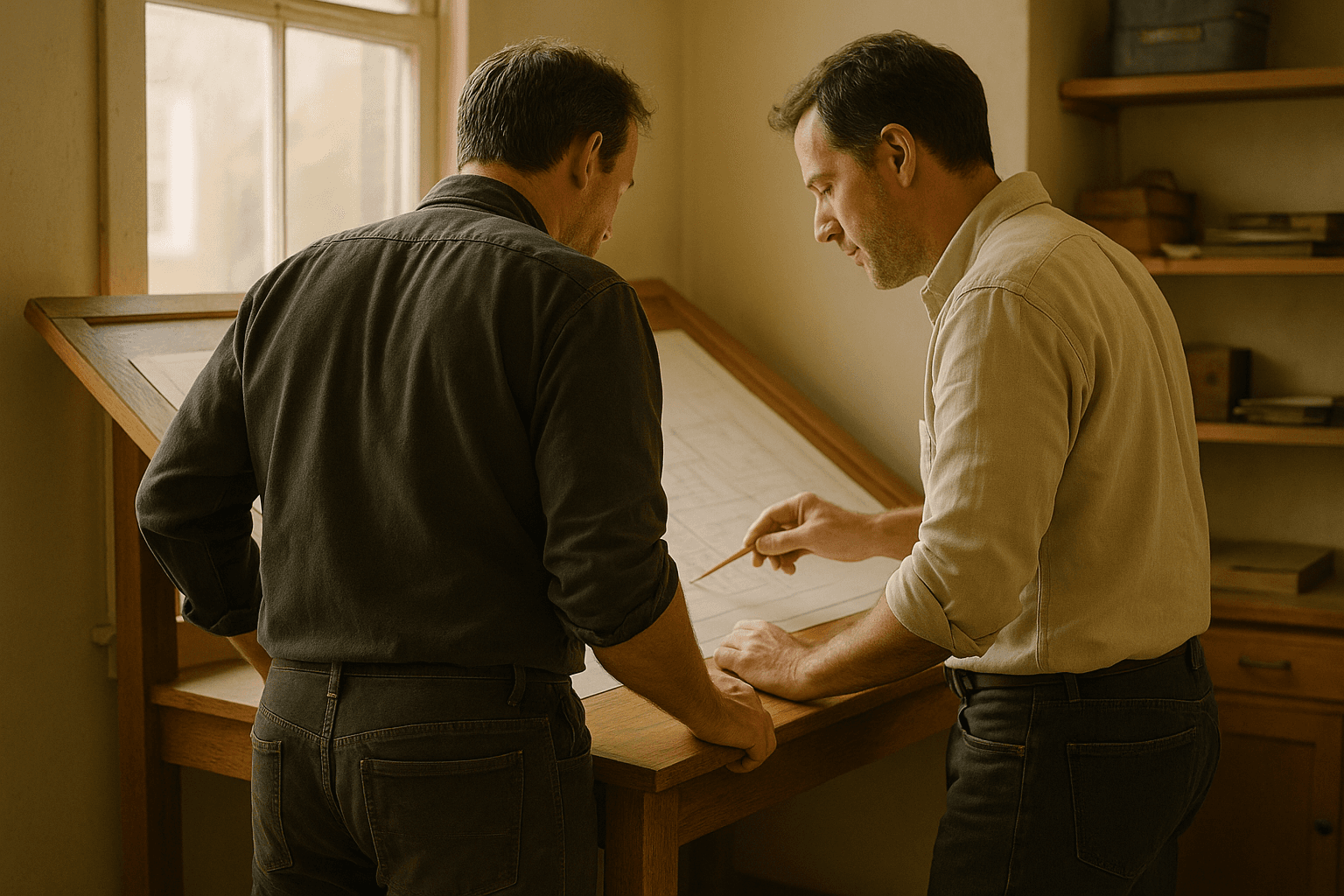 Zwei Männer Seite an Seite an einem Eichenschreibtisch in einem kleinen Werkstattbüro, über einem Bauplan, warmes Gegenlicht vom Fenster