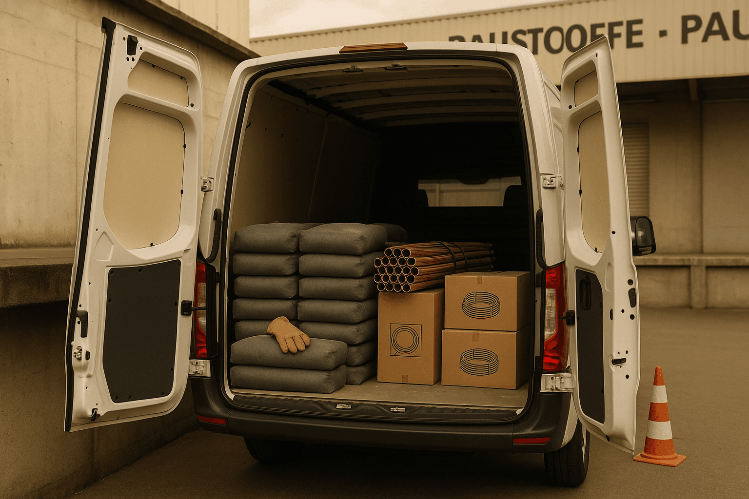 Offene Hecktüren eines Handwerker-Transporters am Großhandels-Ladedock, gestapelte Säcke, Kupferrohre und Elektroboxen