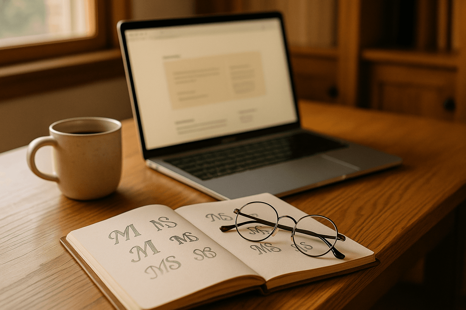 Offenes Laptop auf einem warmen Eichenschreibtisch, Skizzenbuch mit handgezeichneten Logo-Monogrammen und Kaffeetasse im Morgenlicht