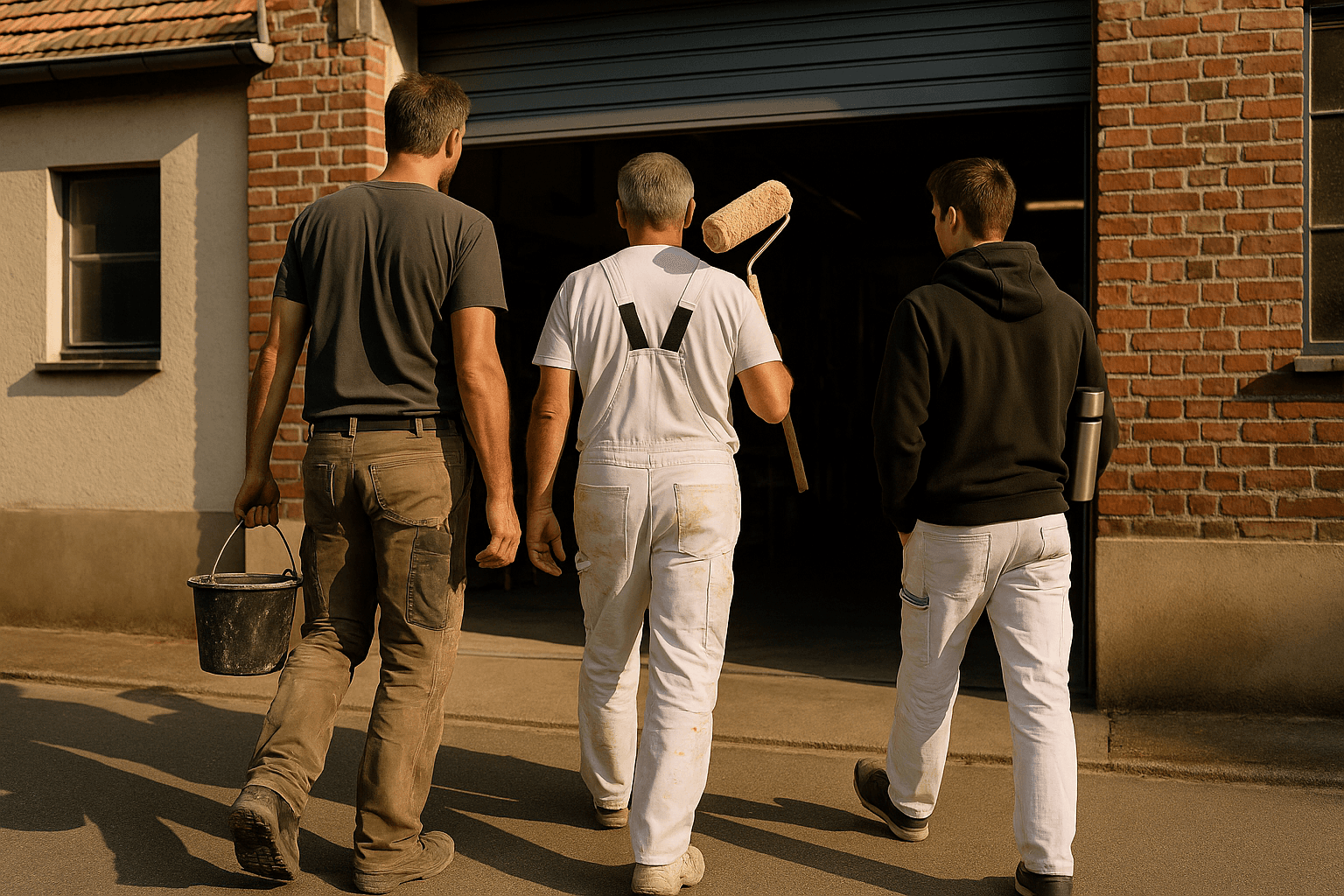 Drei Handwerker gehen gemeinsam in die offene Rolltor-Einfahrt einer Werkstatt am Morgen