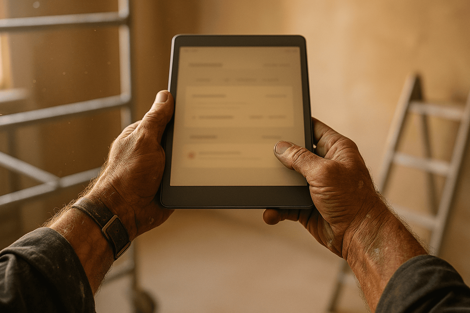 Starke, schwielige Handwerkerhände halten ein Tablet auf einer Baustelle, warmes Nachmittagslicht