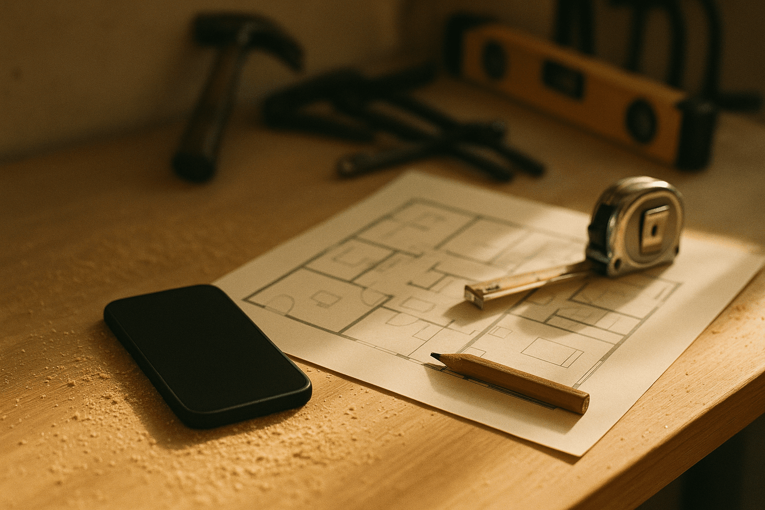 Smartphone auf einer Werkbank mit Sägemehl, daneben ein Bauplan und Werkzeuge — warmes Vormittagslicht