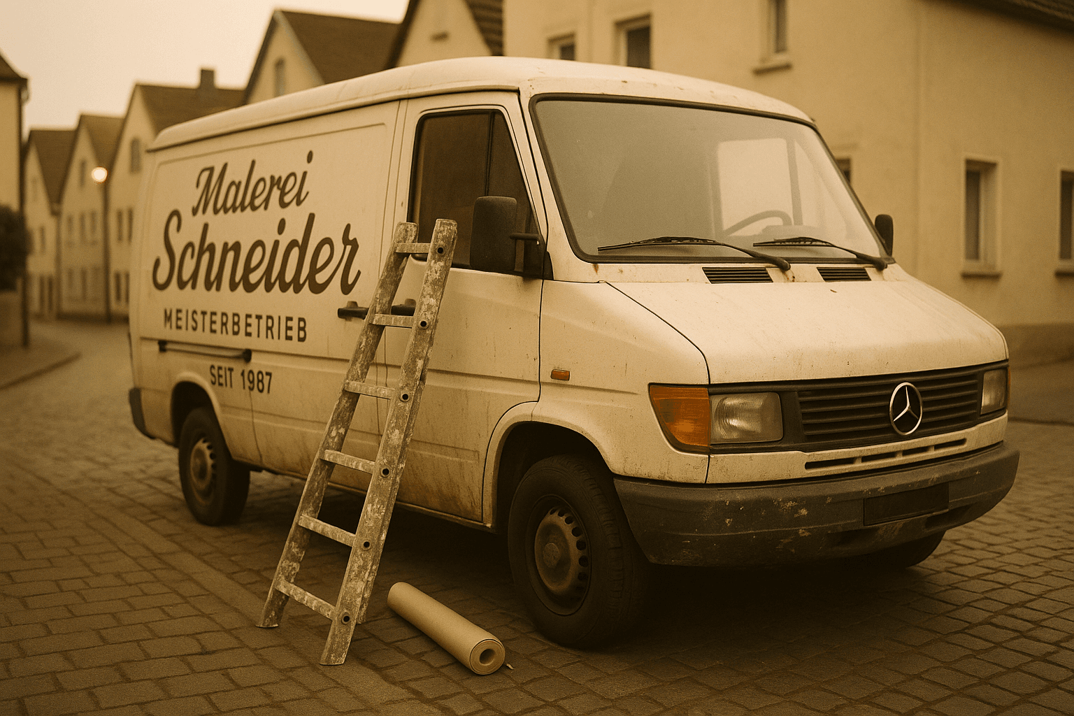 Handbemalter Transporter auf einer kopfsteingepflasterten Straße in einer kleinen deutschen Stadt