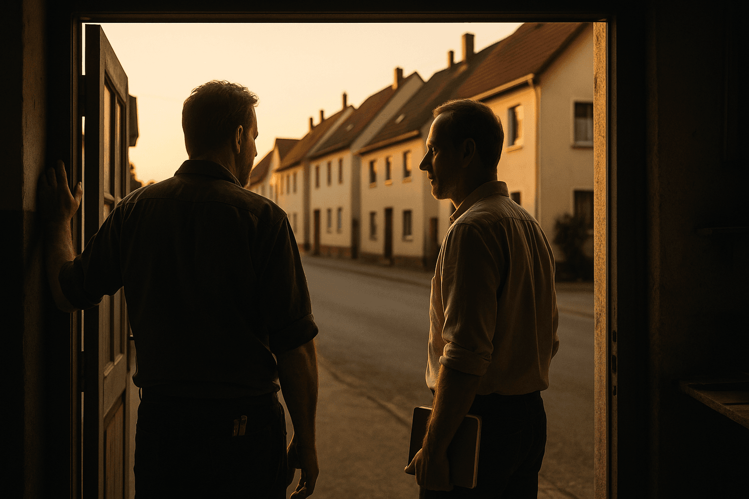 Zwei Partner im Türrahmen einer kleinen Werkstatt, warmes Abendlicht auf einer deutschen Wohnstraße