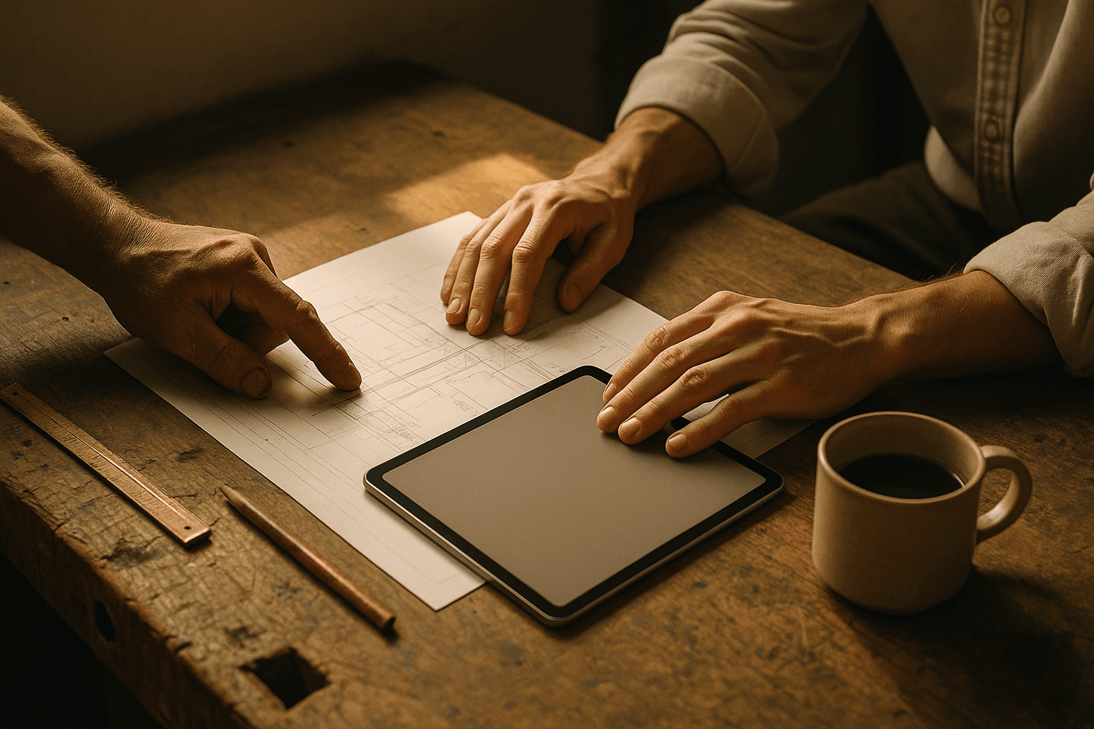 Vier Hände über Bauplan und Tablet auf einer Eichen-Werkbank — warmes Morgenlicht, Compagnon und Handwerker besprechen das Projekt.