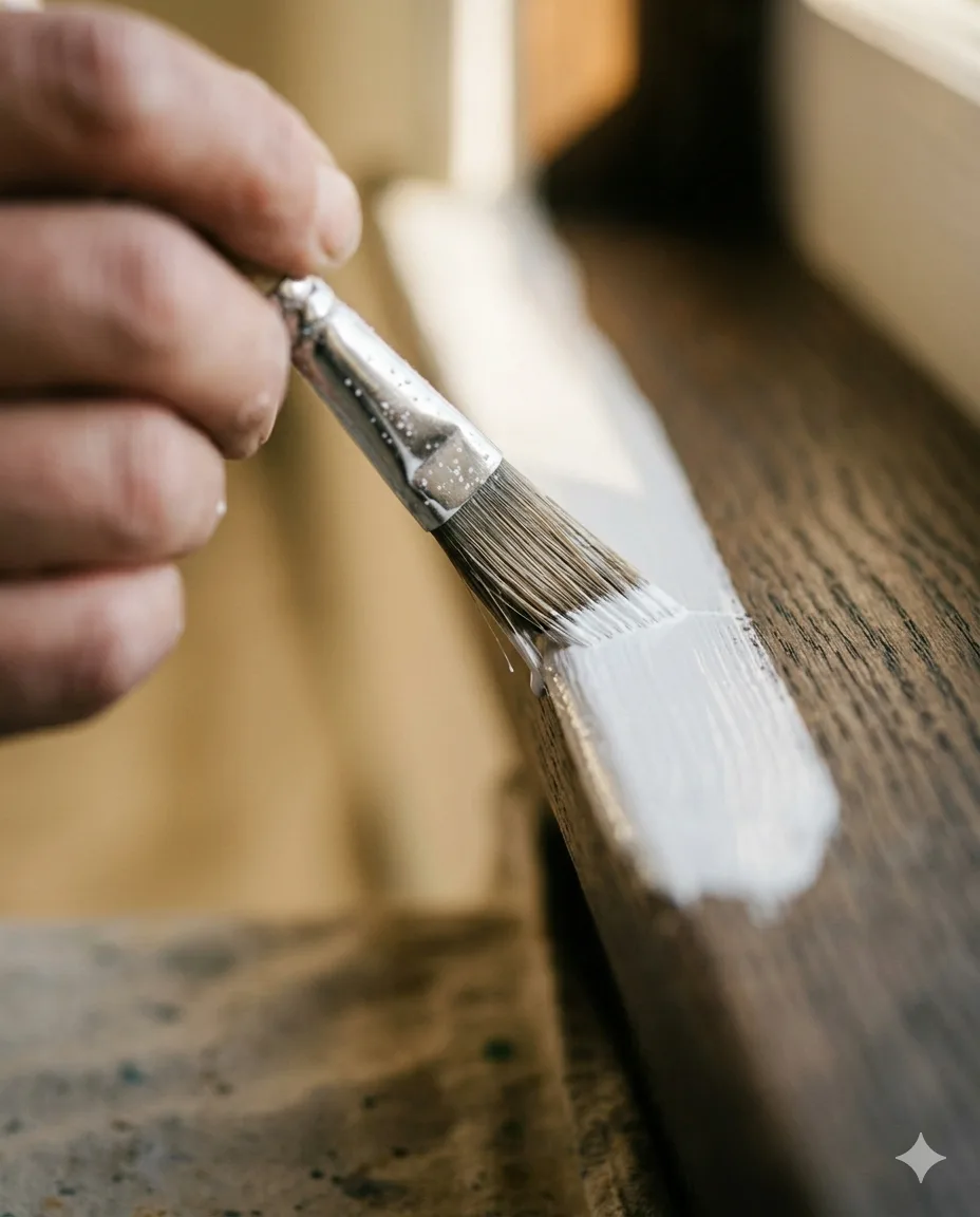 Maler-Hand streicht weiße Farbe auf einen Holzrahmen