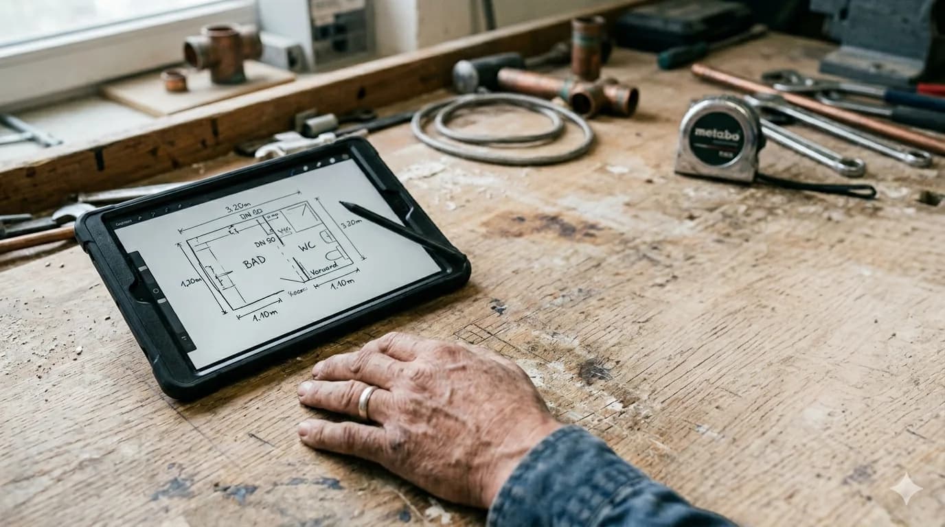 Tablet mit Bad-Aufmaß-Skizze auf einer SHK-Werkbank, daneben Kupferrohre, T-Stücke und ein Maßband — Digitalisierung trifft auf den echten Handwerker-Alltag
