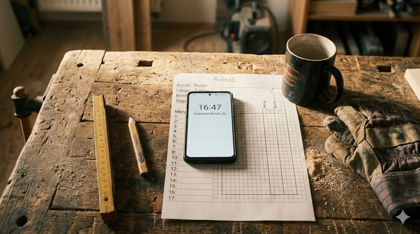 Handy mit 16:47 Uhr auf einem handgezeichneten Aufmaß, daneben Zollstock, Bleistift und Arbeitshandschuhe auf einer Werkbank — Marketing trifft auf den Handwerker-Alltag