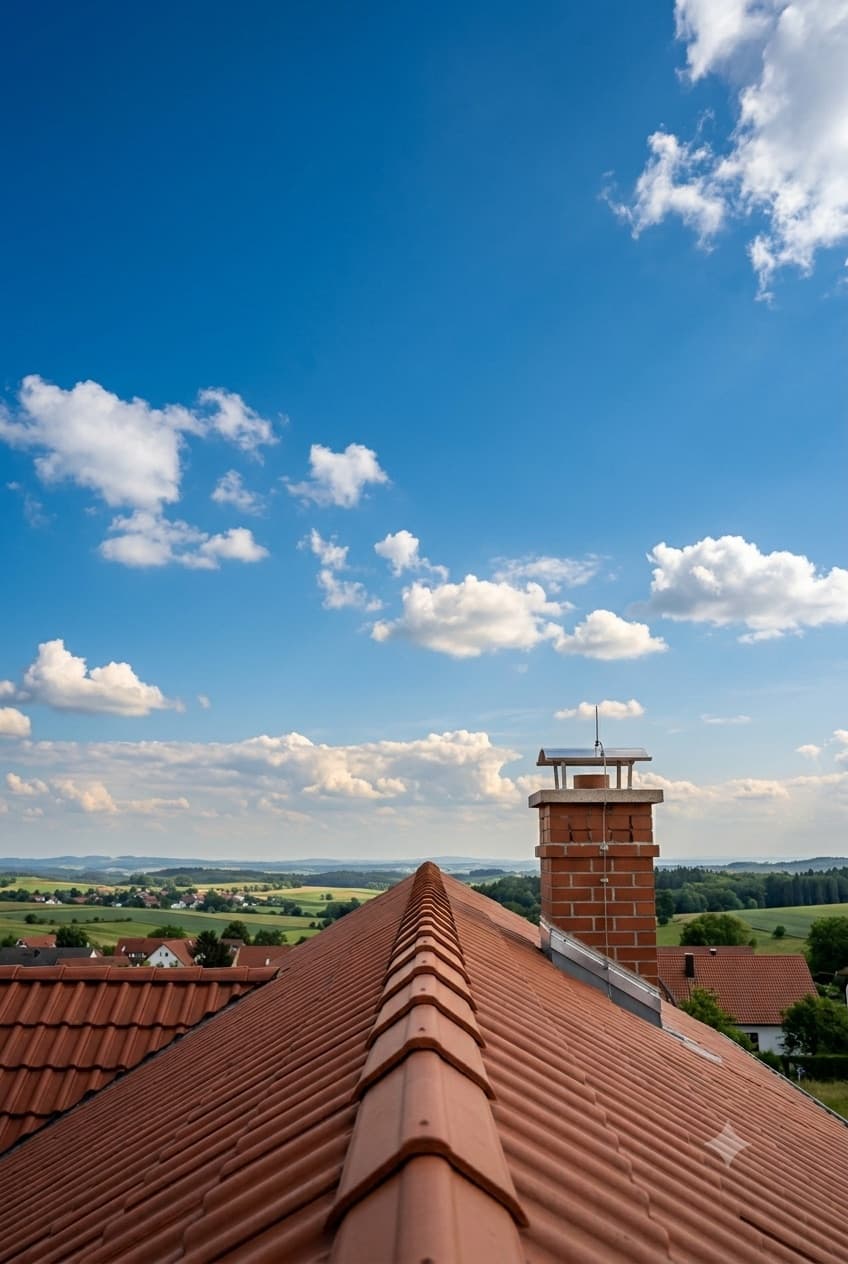Blick über ein Ziegeldach in einen weiten Sommerhimmel