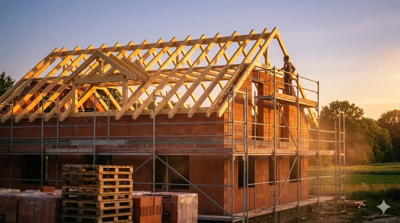 Rohbau mit Dachstuhl in der Abendsonne