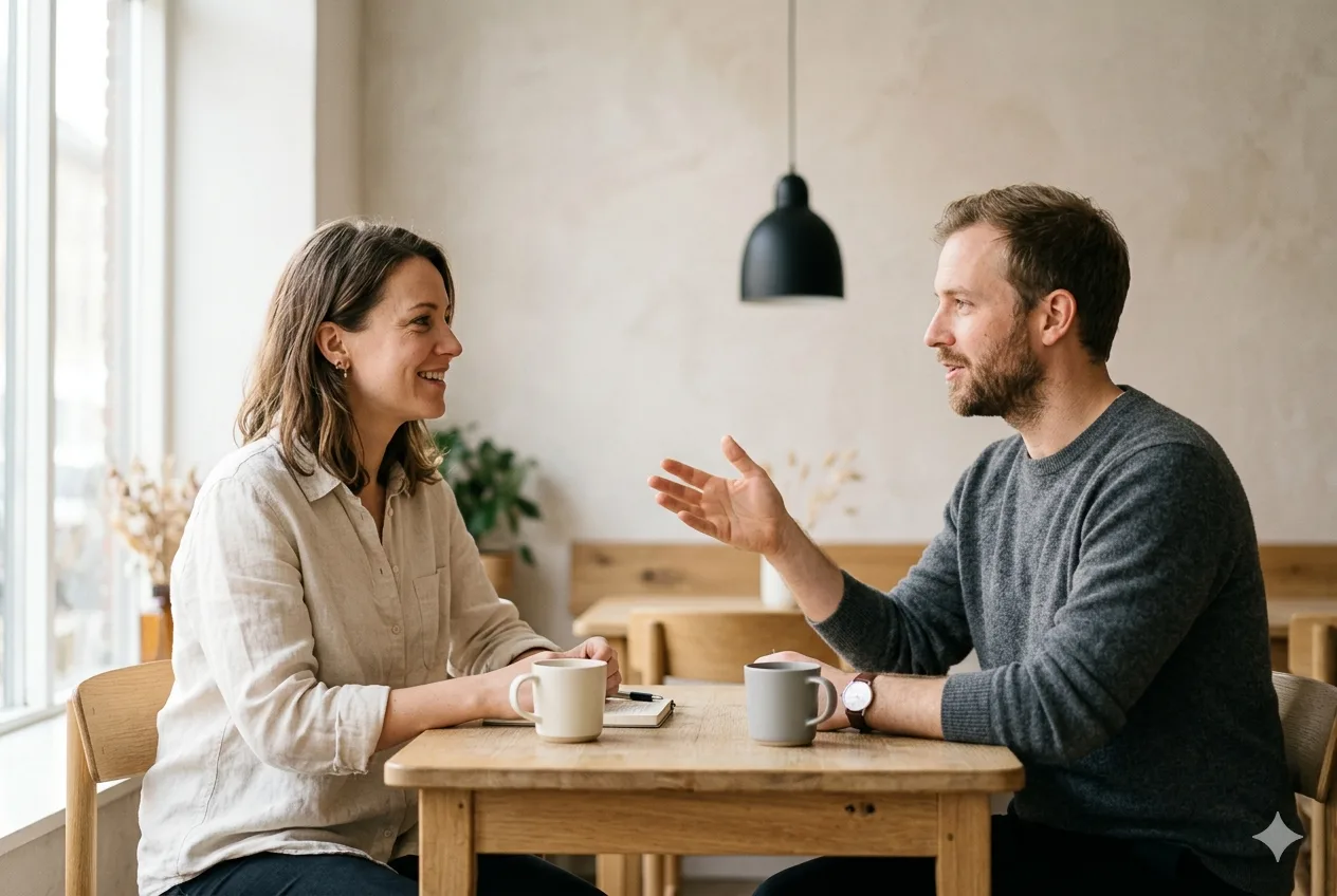 Zwei Menschen im Erstgespräch an einem Tisch — warmes Morgenlicht, ruhige Atmosphäre