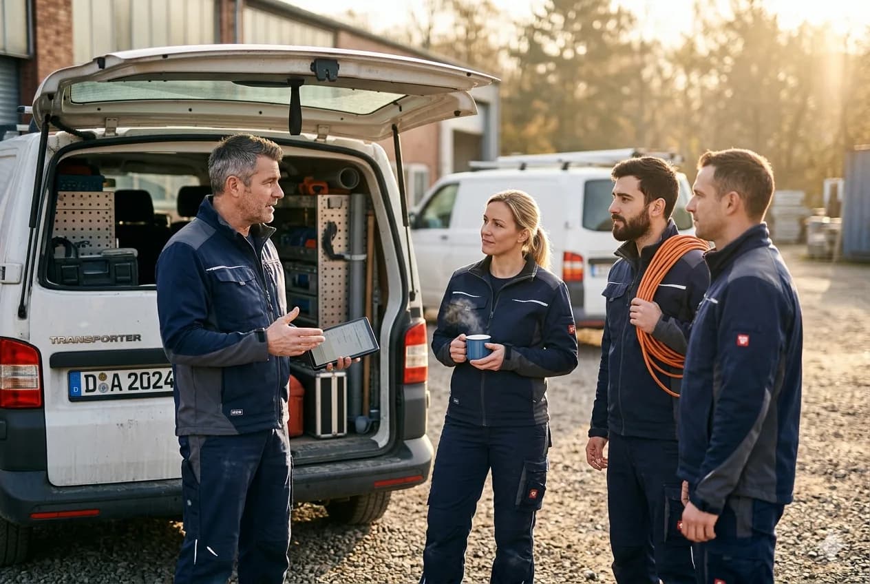 Handwerker-Team vor dem Transporter im Austausch